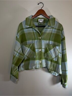 For The Republic Green and Light Blue Plaid Cropped Teddy Jacket